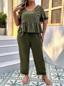 SHEIN LUNE 大碼荷葉袖花邊下擺上衣和褲子 - 軍綠色 - 查看 3