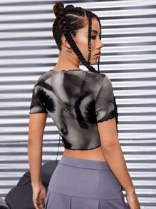 SHEIN ICON 紮染木耳邊網紗上衣不附文胸 - 黑色 - 查看 2