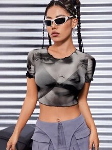 SHEIN ICON 紮染木耳邊網紗上衣不附文胸 - 黑色 - 查看 4