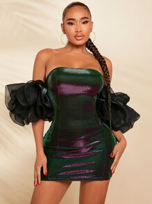 SHEIN SXY Off Shoulder Exaggerated Ruffle Trim Metallic Bodycon Dress - Multicolor - View 2