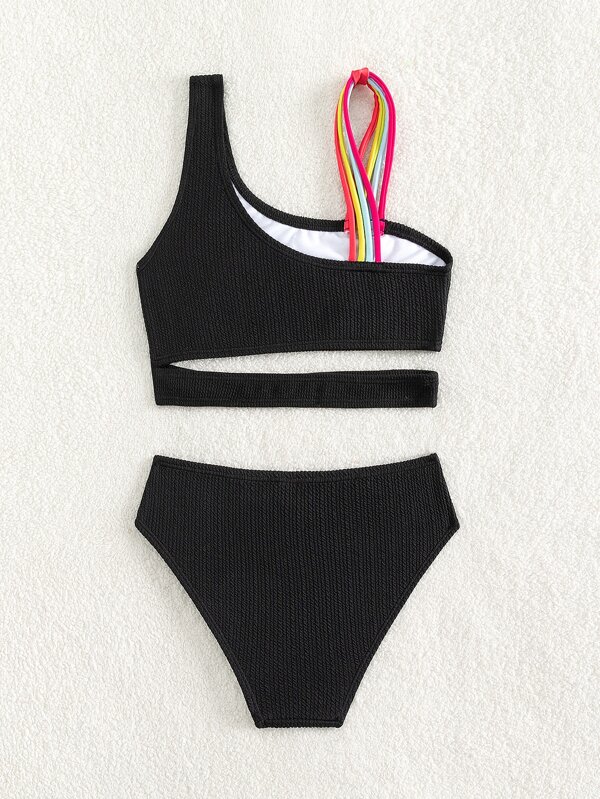 SHEIN Kids SUNSHNE Girls Rainbow Striped Tape Cut Out Asymmetrical Neck