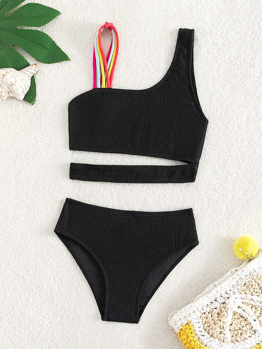 Conjunto de bikini asimétrico con escote recortado y rayas de arcoíris para niña preadolescente, para playa de verano - Negro - Ver 1
