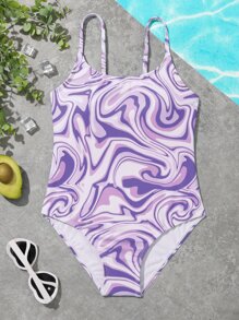 Girls Fluid Pattern One Piece Swimsuit - Purple - View 1