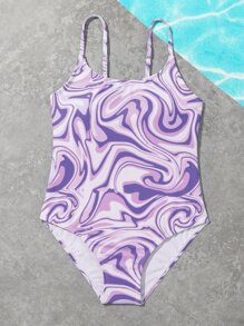Girls Fluid Pattern One Piece Swimsuit - Purple - View 5