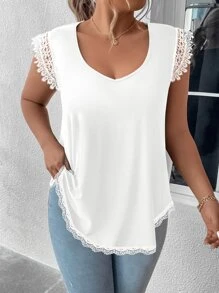 Calvaya Plus Contrast Lace Curved Hem Tee - White - View 1