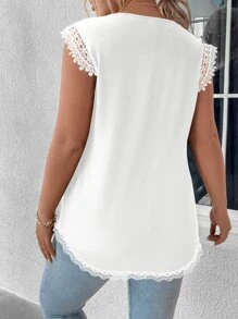 Calvaya Plus Contrast Lace Curved Hem Tee - White - View 2