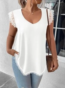 Calvaya Plus Contrast Lace Curved Hem Tee - White - View 3