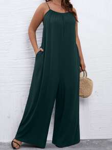 SHEIN LUNE Plus Solid Wide Leg Cami Jumpsuit - Dark Green - View 5
