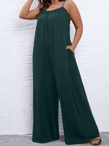 SHEIN LUNE Plus Solid Wide Leg Cami Jumpsuit - Dark Green - View 6