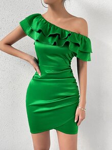 Allurite Asymmetrical Neck Ruffle Trim Ruched Tulip Hem Satin Bodycon Dress - Green - View 5