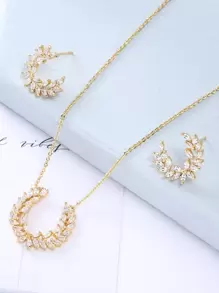 3pcs Set 18K Gold Plated Copper Cubic Zirconia Stud Earrings, Necklace Pendant Jewelry Set, Luxury Wedding Gift For Women - Yellow Gold - View 1