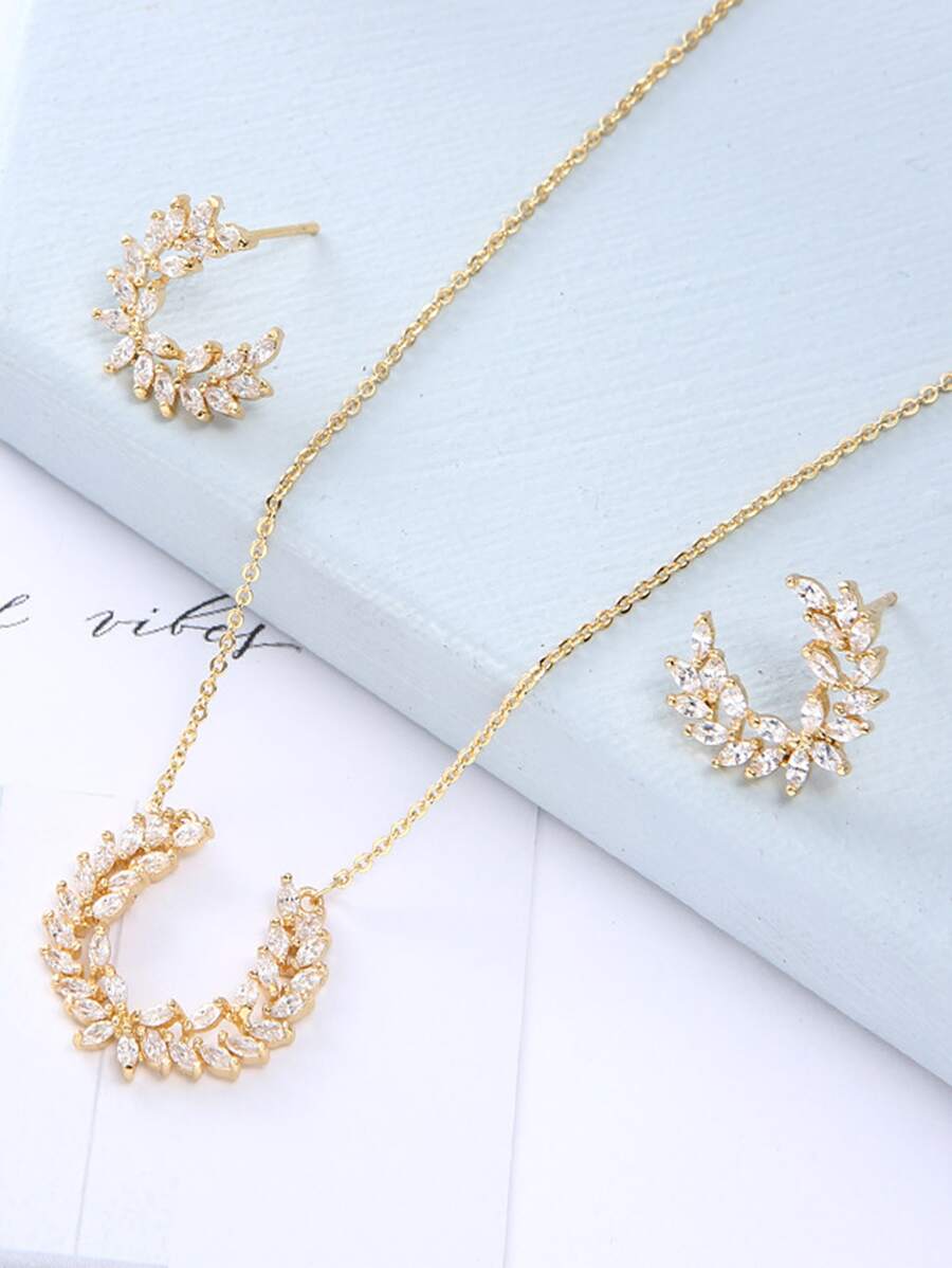 3pcs Set 18K Gold Plated Copper Cubic Zirconia Stud Earrings, Necklace Pendant Jewelry Set, Luxury Wedding Gift For Women - Yellow Gold - View 1