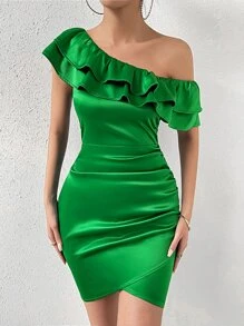 Allurite Asymmetrical Neck Ruffle Trim Ruched Tulip Hem Satin Bodycon Dress - Green - View 6