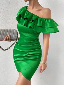 Allurite Asymmetrical Neck Ruffle Trim Ruched Tulip Hem Satin Bodycon Dress - Green - View 1