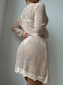 SHEIN Swim 鏤空前繫帶和服罩衫 - 卡其色 - 查看 2