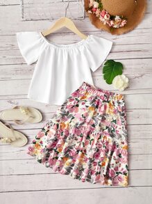 SHEIN Toddler Girls Solid Top & Floral Print Ruffle Hem Skirt - Multicolor - View 1
