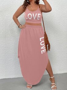 SHEIN LUNE Plus Letter Graphic Cami Top & Curved Hem Skirt - Dusty Pink - View 1