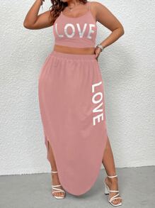 SHEIN LUNE Plus Letter Graphic Cami Top & Curved Hem Skirt - Dusty Pink - View 3