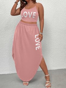 SHEIN LUNE Plus Letter Graphic Cami Top & Curved Hem Skirt - Dusty Pink - View 4