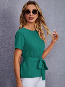 SHEIN LUNE Solid Belted Top - Green - View 4