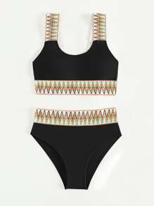 SHEIN Teen Girls Chevron Tape Bikini Set Summer Beach - Black - View 1