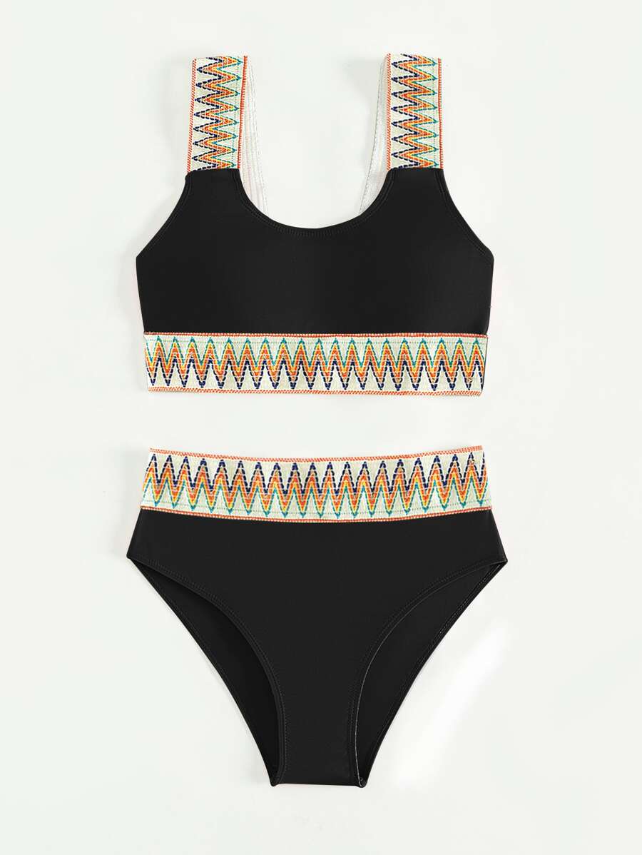 SHEIN Teen Girls Chevron Tape Bikini Set Summer Beach - Black - View 1