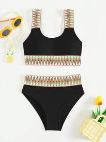 SHEIN Teen Girls Chevron Tape Bikini Set Summer Beach - Black - View 5