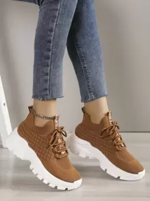 2025 秋季女式轻质网眼透气跑步鞋，舒适低帮厚底运动鞋 - 棕色 - 查看 4