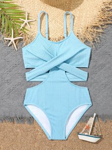 女孩鏤空前扭結連體泳衣 - 淺藍色 - 查看 1