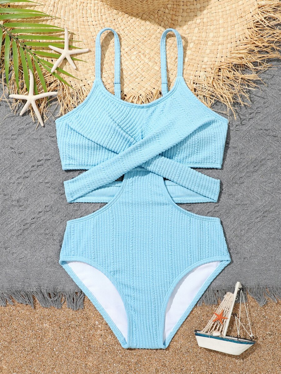 女孩鏤空前扭結連體泳衣 - 淺藍色 - 查看 1