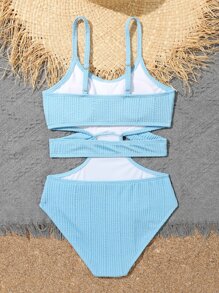 女孩鏤空前扭結連體泳衣 - 淺藍色 - 查看 2