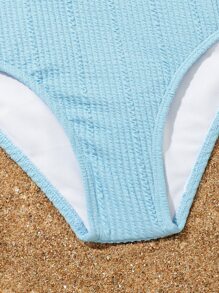 女孩鏤空前扭結連體泳衣 - 淺藍色 - 查看 4