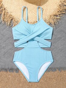 女孩鏤空前扭結連體泳衣 - 淺藍色 - 查看 5