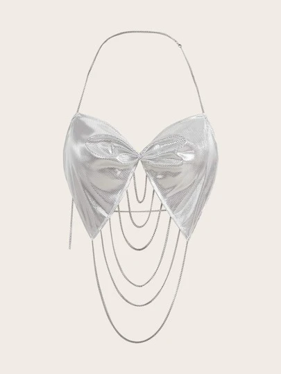 SHEIN ICON Chain Detail Backless Metallic Halter Top