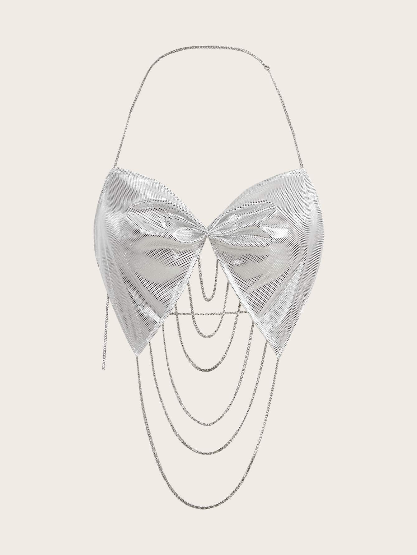 SHEIN ICON 鏈條細節露背金屬質感掛脖上衣