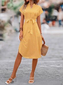 Breezaya Đầm Maxi In Hình Cánh Dơi Tay Cánh Dơi Viền Cong Có Thắt Lưng Cho Nữ - Màu vàng - Xem 3
