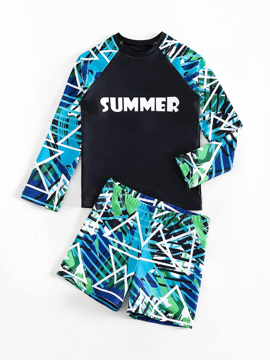 Boys Letter & Brush Print Beach Swimsuit - Multicolor - View 1