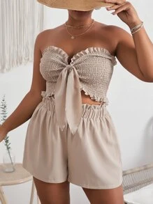 Dreamara Plus Summer Boho Frill Trim Shirred Knot Front Tube Top & Paperbag Waist Shorts,Holiday Outfits Boho