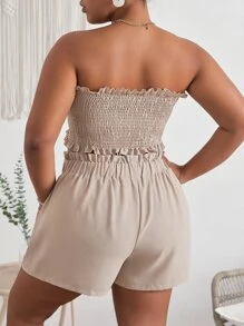 Dreamara Plus Summer Boho Frill Trim Shirred Knot Front Tube Top & Paperbag Waist Shorts,Holiday Outfits Boho