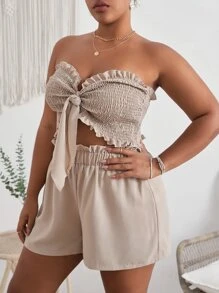 Dreamara Plus Summer Boho Frill Trim Shirred Knot Front Tube Top & Paperbag Waist Shorts,Holiday Outfits Boho