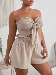 Dreamara Plus Summer Boho Frill Trim Shirred Knot Front Tube Top & Paperbag Waist Shorts,Holiday Outfits Boho
