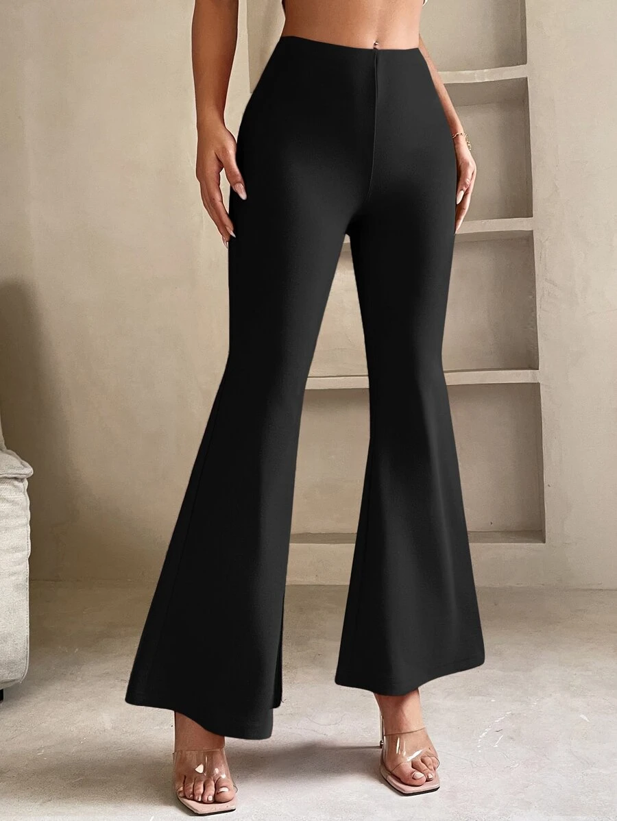 SHEIN PETITE Women Spring Elegant Black Flare Leg Pants - Black - View 1