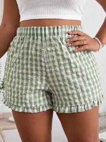 SHEIN VCAY Plus Gingham Print Frill Hem Shorts - Multicolor - View 5