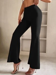 SHEIN PETITE Women Spring Elegant Black Flare Leg Pants - Black - View 3