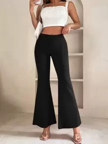 SHEIN PETITE Women Spring Elegant Black Flare Leg Pants - Black - View 4