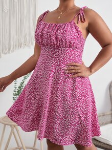 Dreamara Vestido de tirantes con estampado floral de hombro con nudo pecho con fruncido - Rosa Fucsia - Ver 3