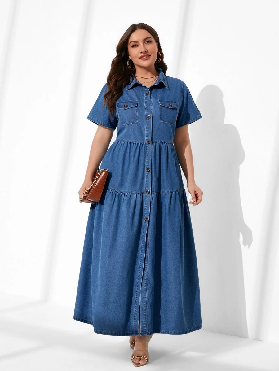 SHEIN Vestido mezclilla con bolsillo con solapa bajo con fruncido - Azul lavado medio - Ver 1
