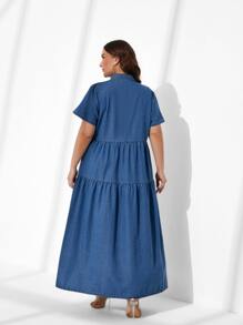 SHEIN Vestido mezclilla con bolsillo con solapa bajo con fruncido - Azul lavado medio - Ver 2