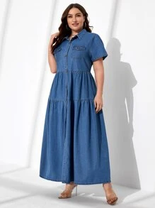 SHEIN Vestido mezclilla con bolsillo con solapa bajo con fruncido - Azul lavado medio - Ver 3