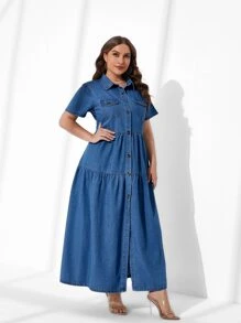 SHEIN Vestido mezclilla con bolsillo con solapa bajo con fruncido - Azul lavado medio - Ver 4